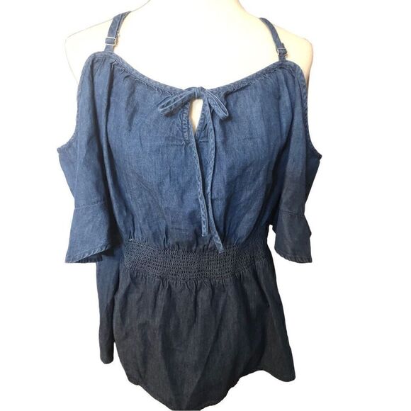 Lane Bryant Blouse Denim Top Smocked Waist Off Cold Shoulder jean shirt top - Picture 5 of 14